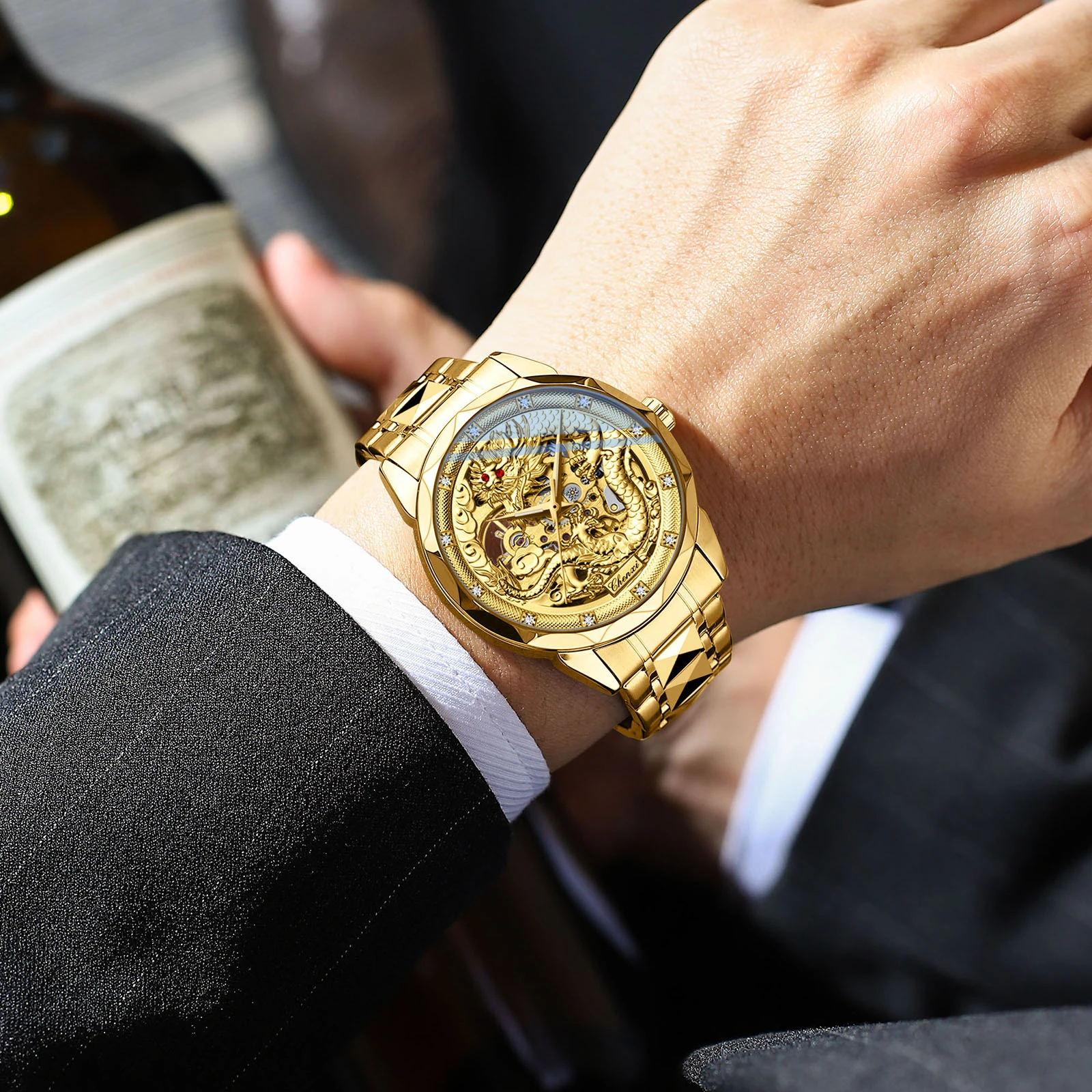 CHENXI 8899 Mechanical Watch For Men Dragon element Hollow Skeleton Auto Date Wristwatch Waterproof Luminous Luxury Man Watches