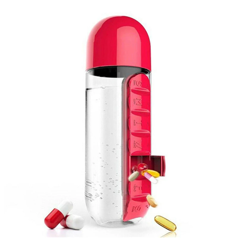 7 Daily Pill Box Water Bottle Cup Case Capsule Organizer Plastic Pill Bottle Screen Printing Red Pink Yellow Easy Open End YH