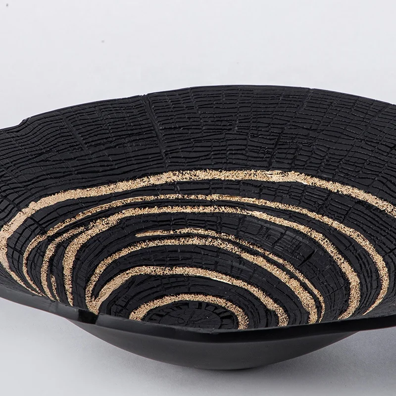 New Chinese Style Gold Stripes Black Resin Imitated Wood Grain Fruit Bowl Service Tray Interior Home Decor Ornament