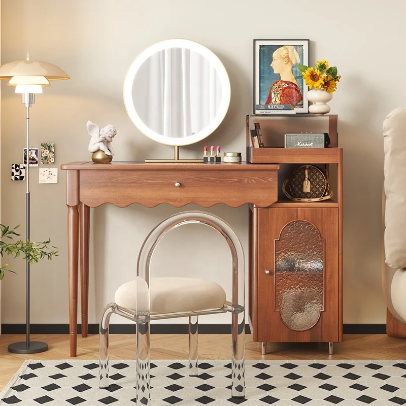 Vintage Telescopic Vanity Table Glass Top Smart LED Mirror Bedroom Dresser Solid Wood Makeup Dressing Table