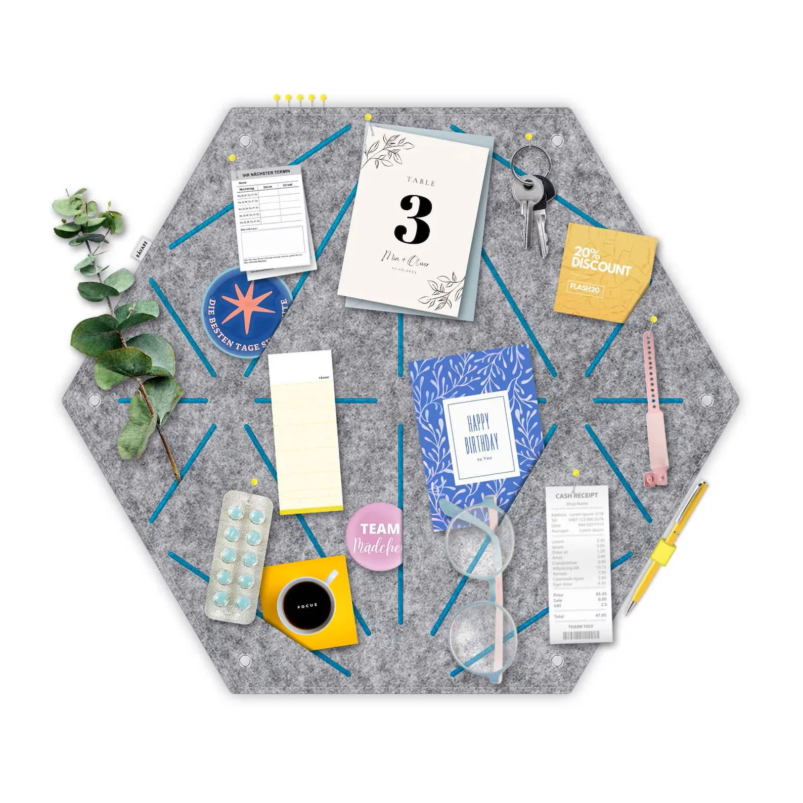 Felt pin board for sticking and pinning, memo board with a difference (REK)