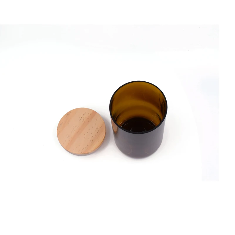 
Wholesale decorative glass candle jar amber with wooden lid 