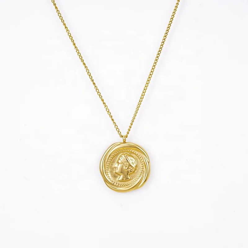 Wholesale 18k gold plated fashion jewelry stainless steel thin cuban curb chain coin round pendant necklaces for men and women