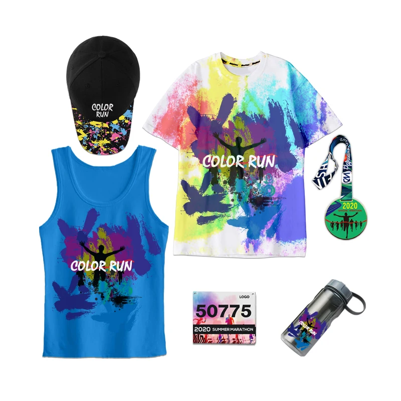 Custom Designed Color Run gear package pick up Event Finisher Medal T-Shirts Hats Water Bottle  Race Number Tank Top