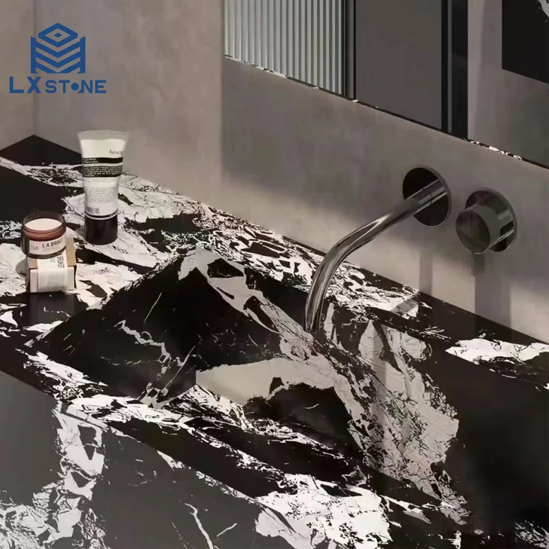 2024 Popular Bathroom Vanity Top Design Napoleon Black Marble Material Stone Bathroom Countertops Tile