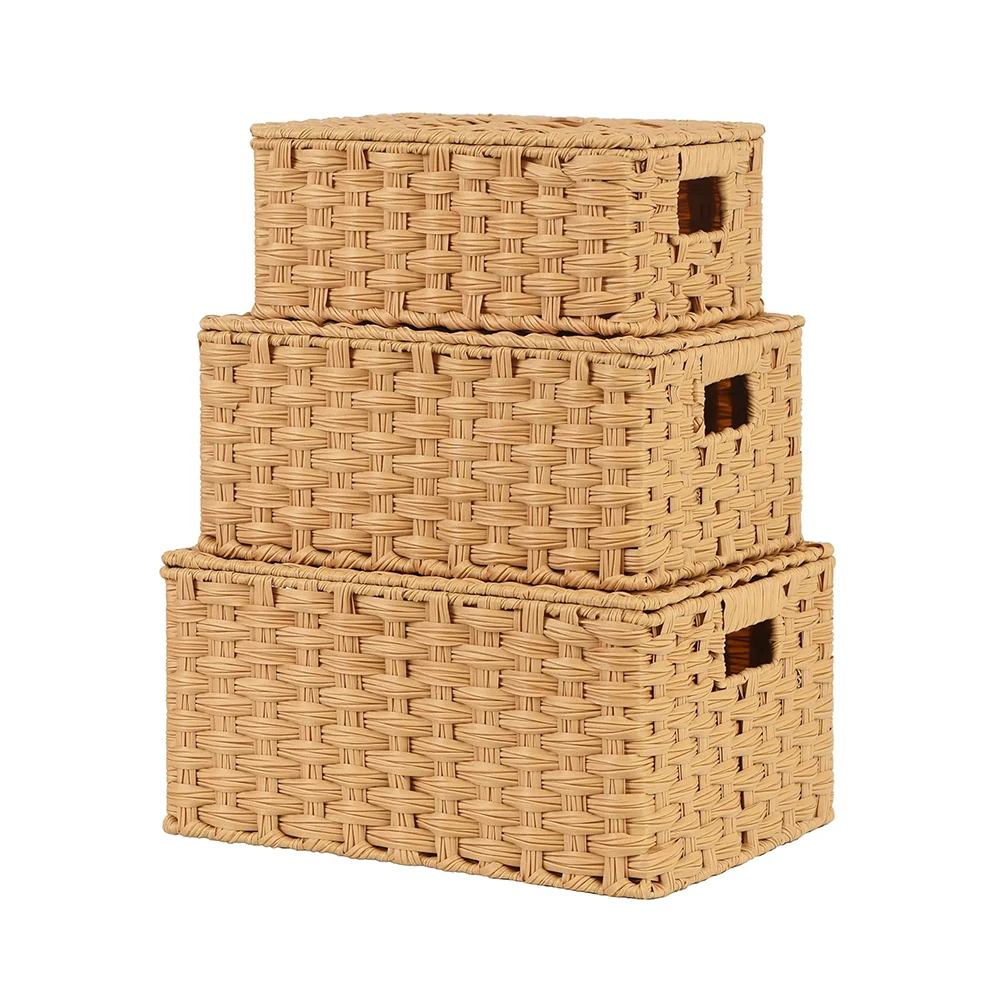 SONGMICS rattan pantry woven Storage Basket with Lid Set of 3  storage basket with Handles