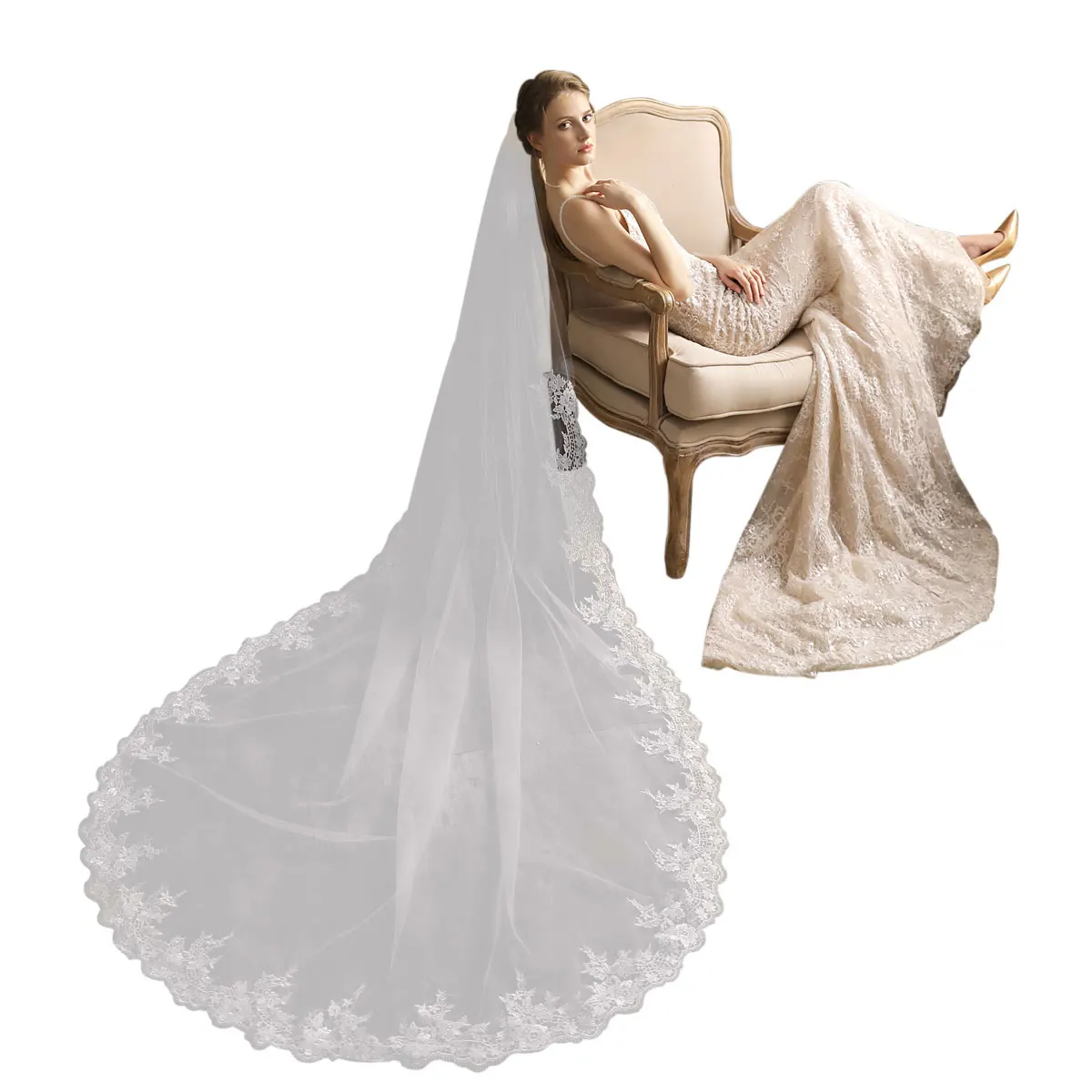 V823 Wholesale Cathedral Wedding Dress Accessories Long Lace Tulle Bridal Veil With Comb