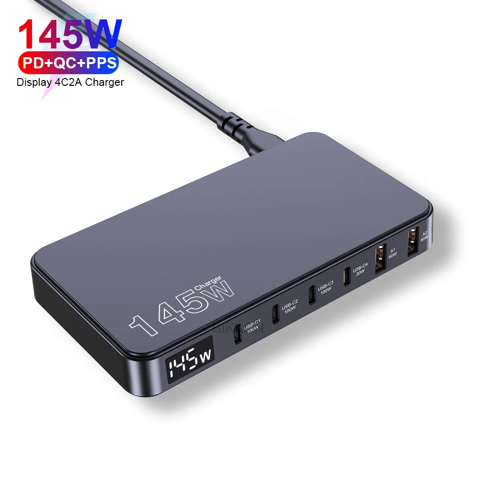 USB C Charger 175W 6 Ports Type C Charging Station Multiple Device 4C2A LED Display PD 3.0 100W Fast GaN Adapter for Macbook pro
