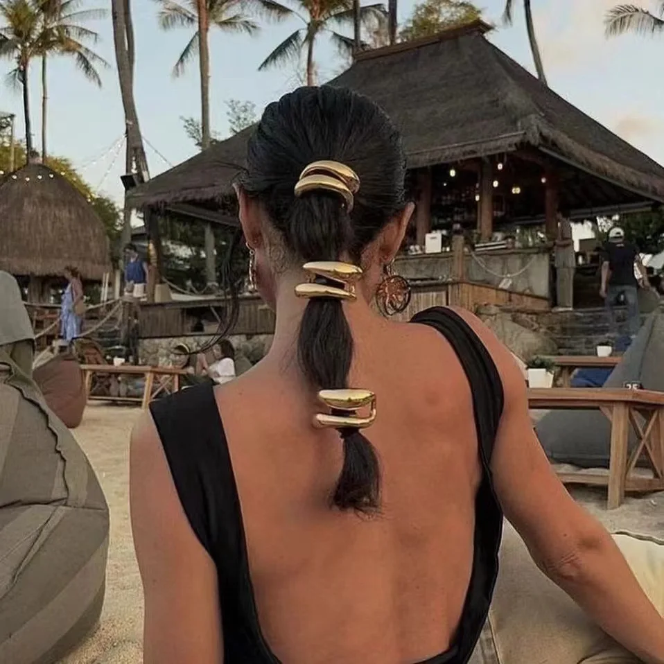 2024 New Design Luxury Metal Cuffs Rubber Elastic Hair Bands Double Layer Stainless Steel Metal Hair Accessories For Women