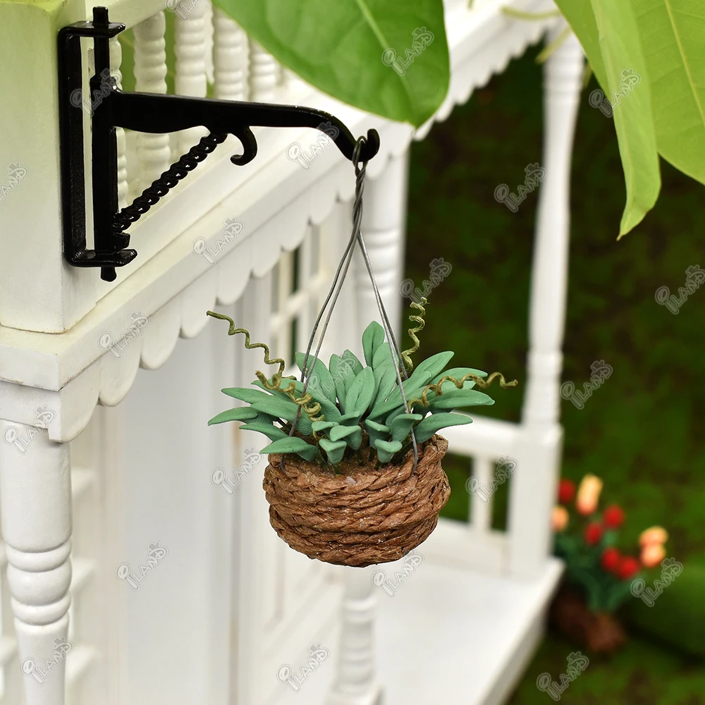 iland 1/12 Doll House Miniature Flower Hanging Basket Mini Clay Green Plant For Dollhouse Accessories Mini Scene Decor