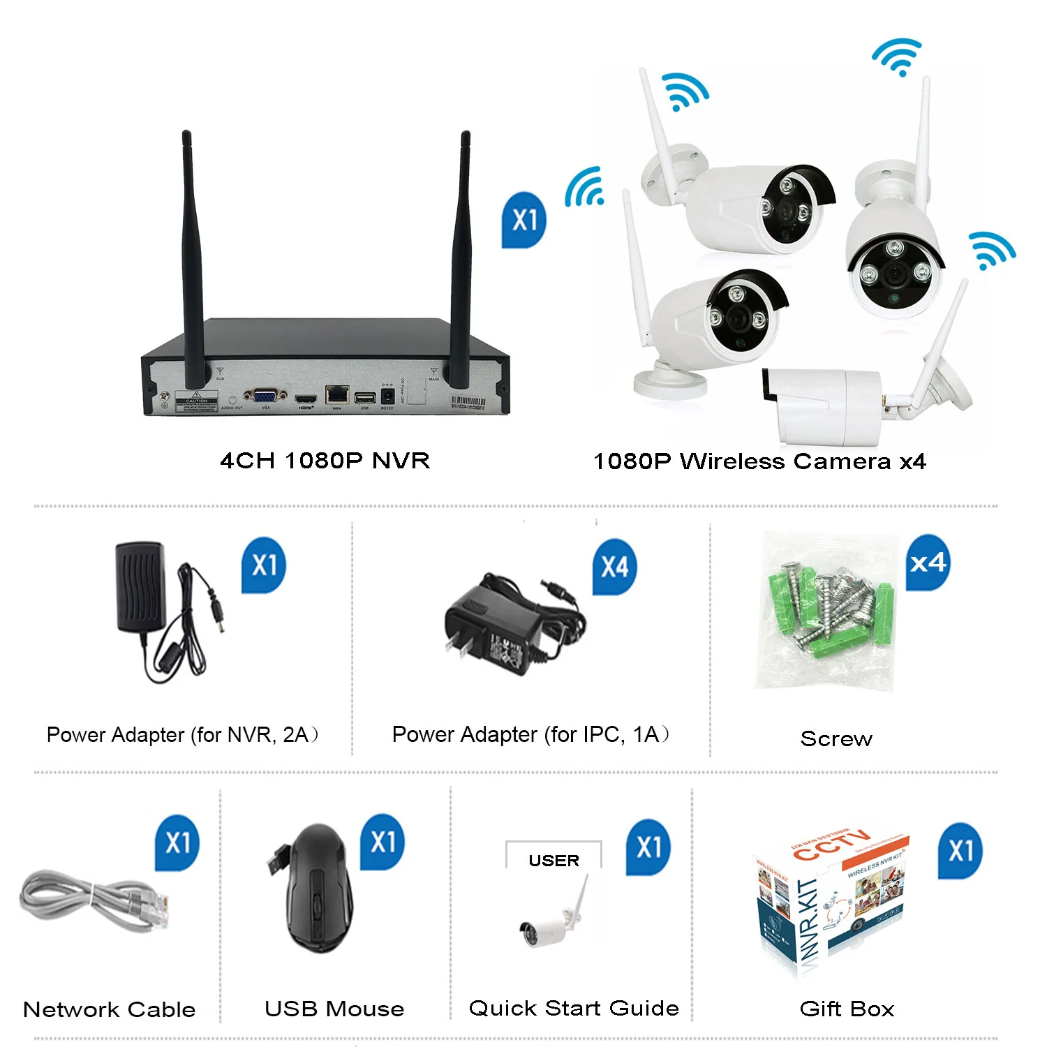 h.265 4CH WIFI NVR KIT 1080P Outdoor IP Wireless Camera security System weatherproof outdoor wifi ip camera