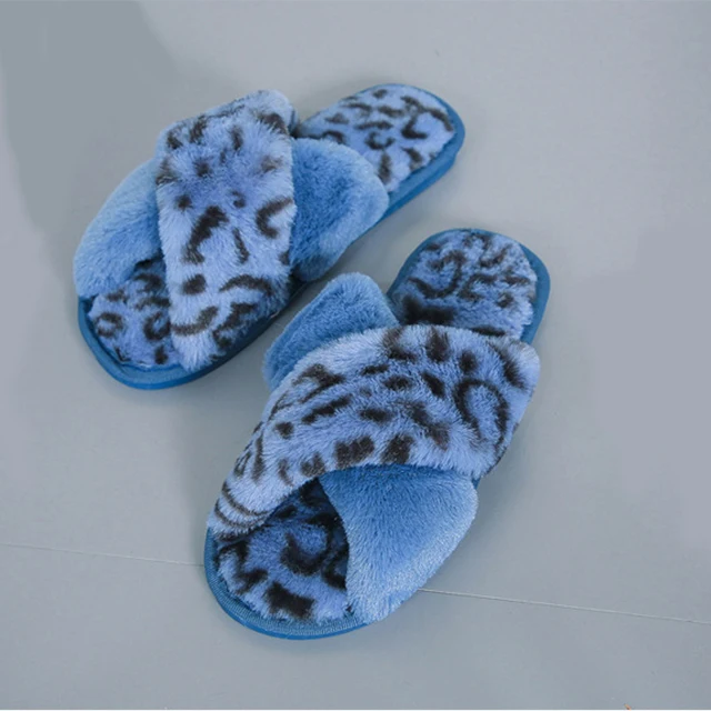 
Womens House Fuzzy Slippers Leopard Cross Band Soft Plush Fluffy Slippers Furry Fleece Slip on Slippers Open Toe House Warm 