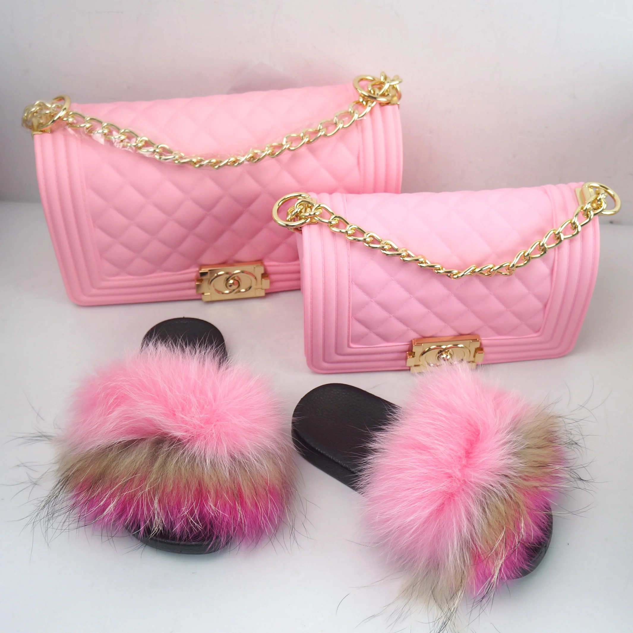 
Fox fur designer purse slides Wholesale jelly purse slippers real soft fur slides purses for women suit 