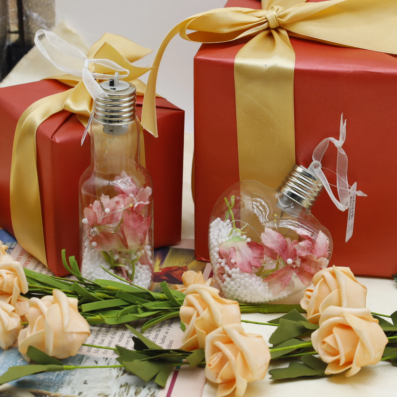 8cm LED clear glass ball Christmas ornament decorated with pink flowers and foam beads