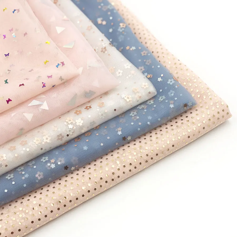Customized polka dot flower butterfly triangle fancy kids dress multicolor glitter sequin shape tulle mesh sheer fabric