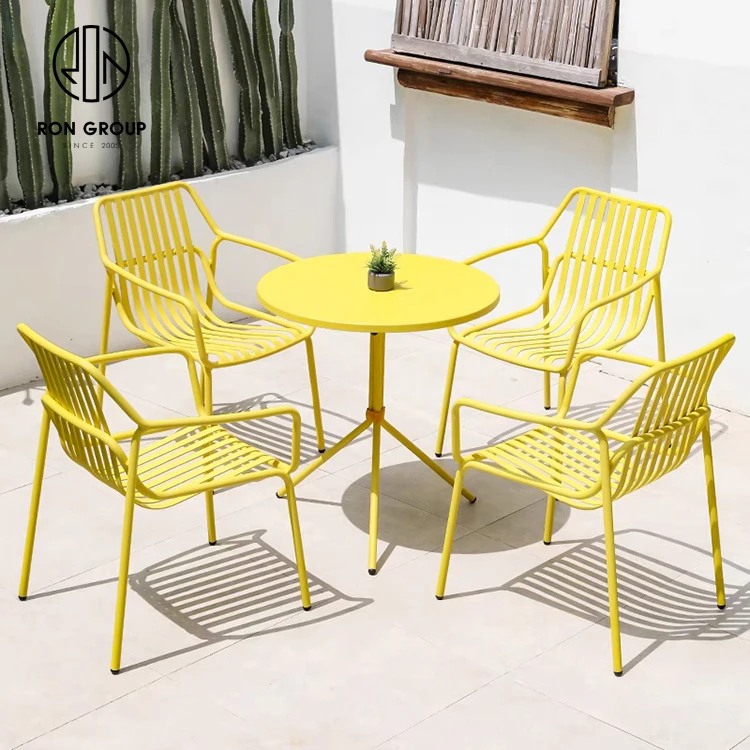 Modern Design Outdoor Leisure Chair Set Restaurant Garden Yellow Metal Armrest Dining Aluminum Chair