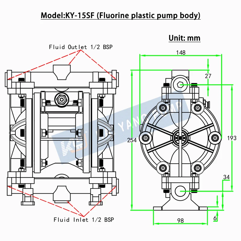 KY 1/2 Inch Chemical Diaphragm Pump for Strong Acid and Alkali Chemical Industries Printing Machine Pneumatic Ink Circulation
