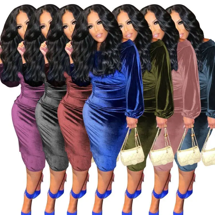 Women Club Casual Dress Autumn Winter Dress Lady Elegant Long Sleeves Slash Neck Velvet Evening Party Dresses Knee Length 2022