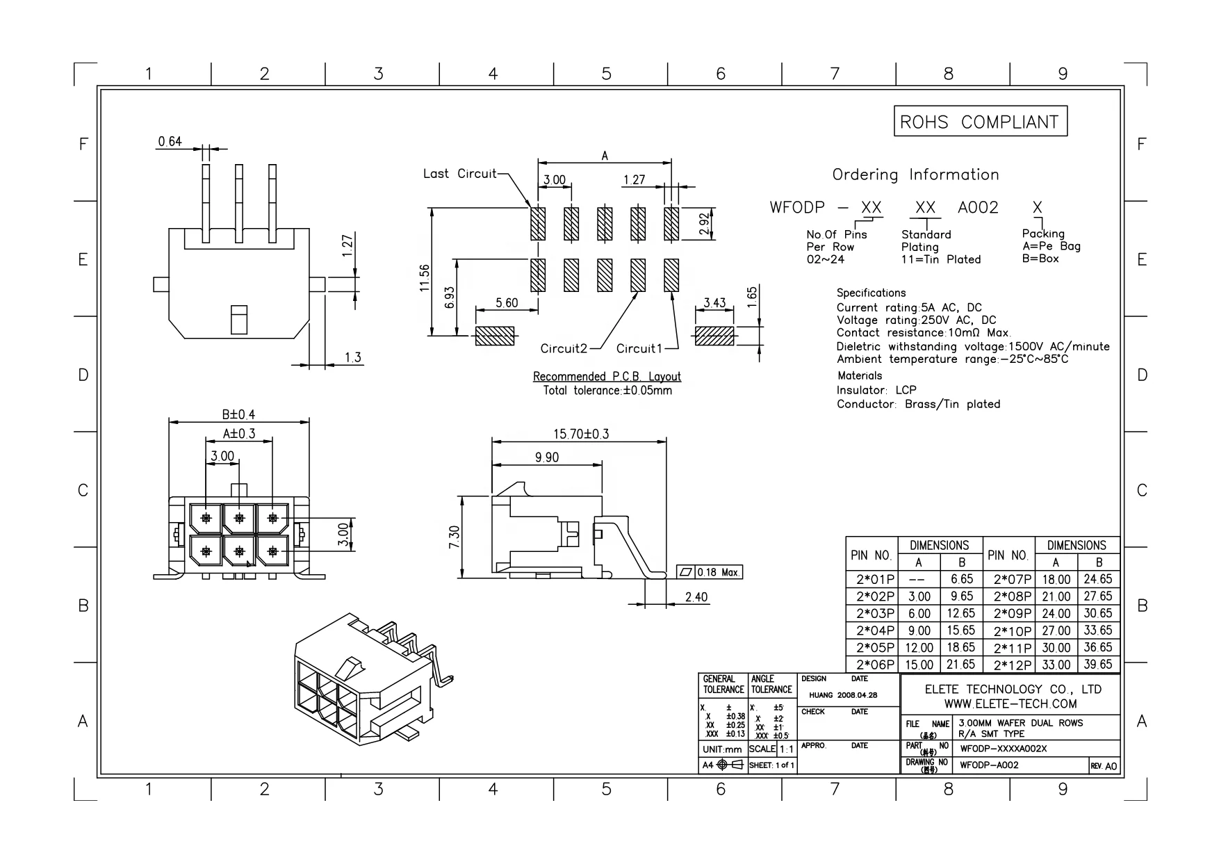 Wafer 3.0MM Dual Row Right Angle SMT connector, side entry, replacement Molex 43045 Series