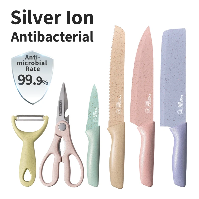Custom-Made Anti Bacterial High Quality Stainless Steel Anti Bacterial Colorful Kitchen Knives Set of 6 Pieces