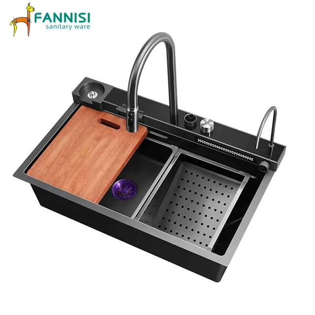 Новая раковина из нержавеющей стали кнопка для пианино двойная водопад кухонный смеситель раковины
