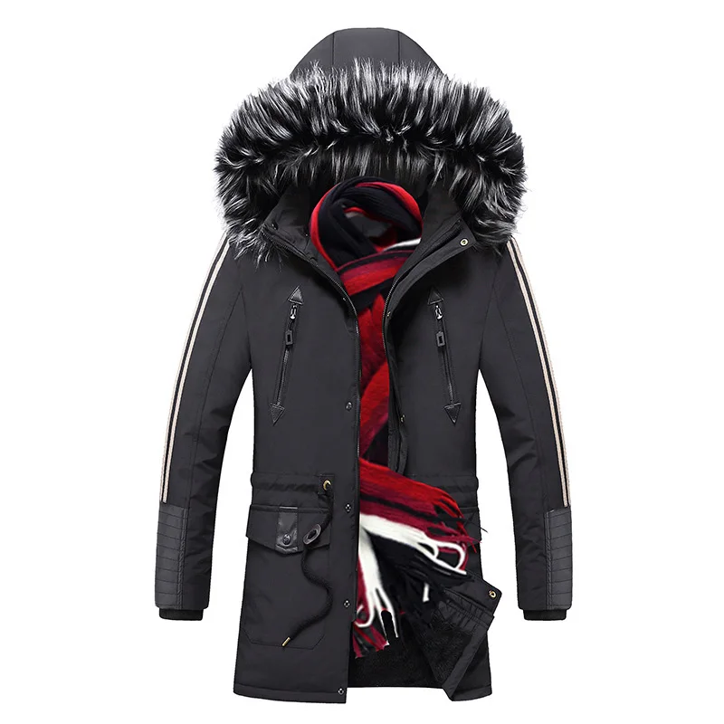Mens Winter Jackets Windproof Full Zippers Fleece Lined Jackets Fashion Long Coats with Removeable Hood