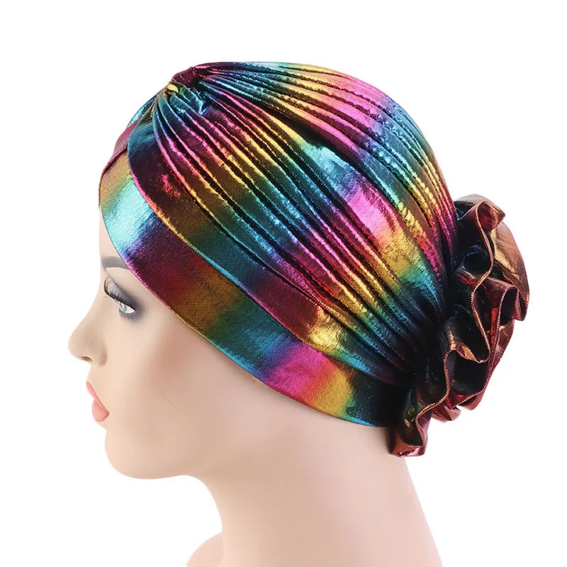 Fashion African Women Laser Hair Turbans Nigerian Female Flower Party Wedding Holographic Hair Turban