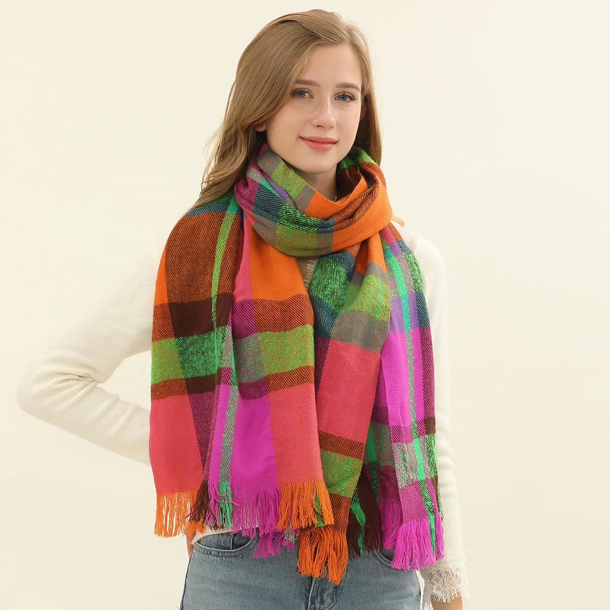 Fashion Latest Design Rainbow Printed Plaid Colorful Blanket Scarves For Winter