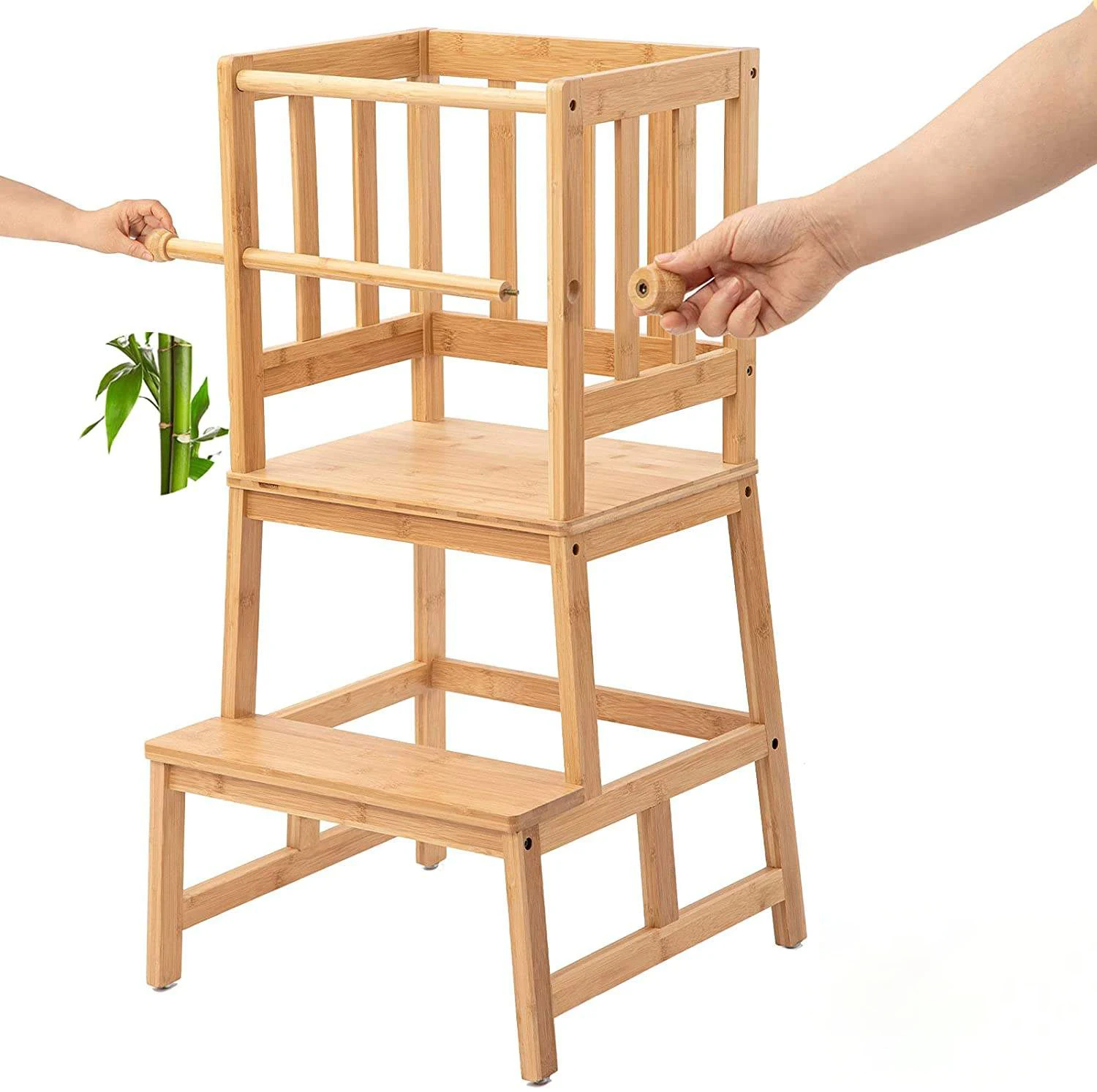 Modern Furniture Custom Bamboo Kids Kitchen Step Stool Safety Durable Wooden Standing Learning Tower