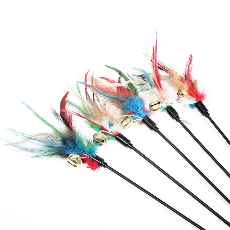 Pet Toy Random Color Cat Kitten Interactive Toy Rod Bell Feather Cats Stick Wire Chaser Wand Toy Cat Teaser Feather Long