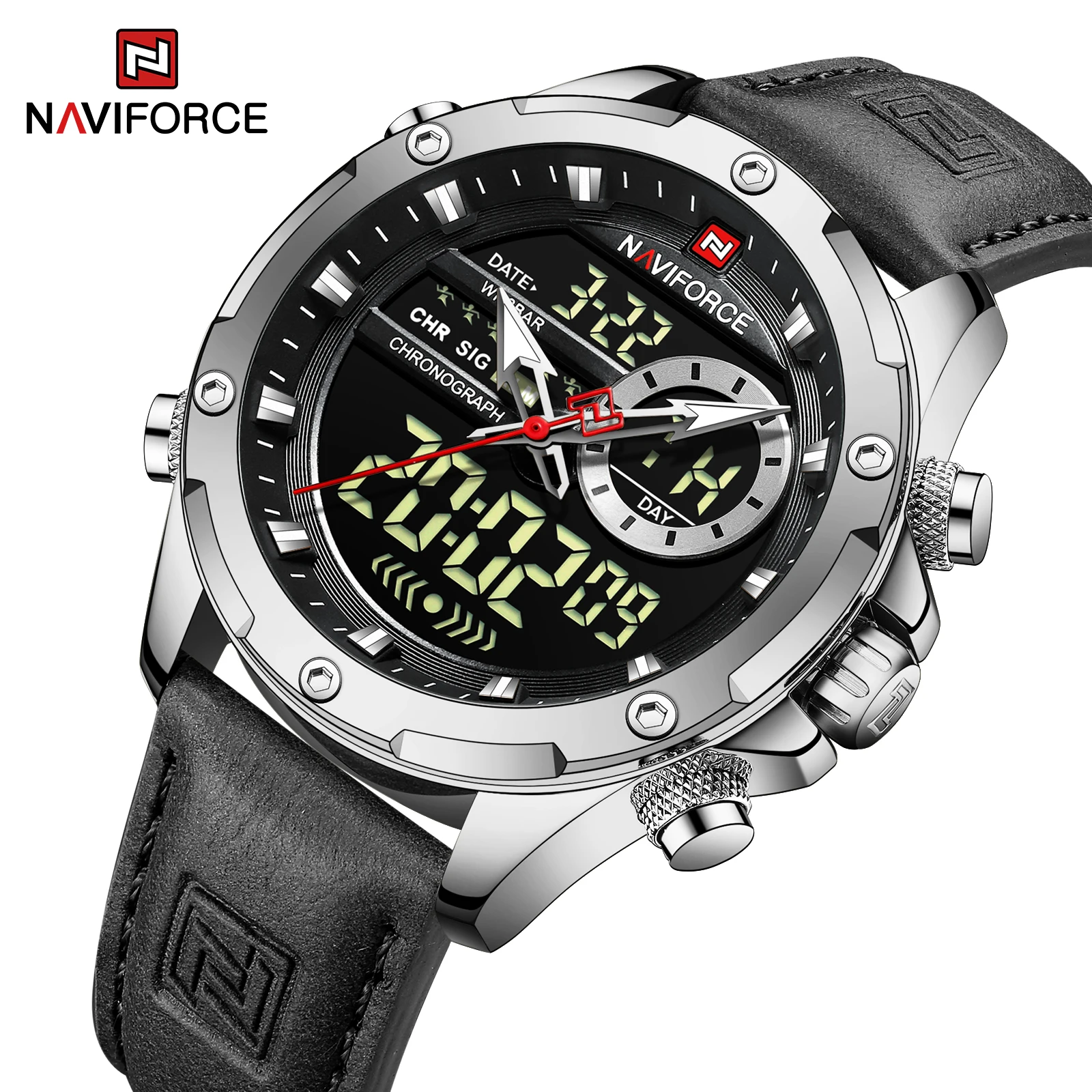 New Arrival NAVIFORCE 9208 Genuine Leather Strap Auto Date Analog LED Digital Quartz Watches For Men