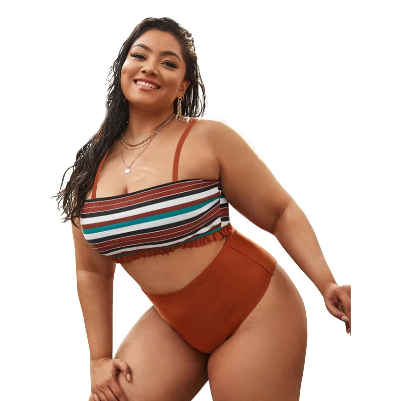 2021 Новый Высокая талия крышка живот плюс большие размеры; Без рукавов с трапециевидным силуэтом и цветными полосками в низким вырезом на спине застежкой-молнией ретро бикини комплект нижнего белья