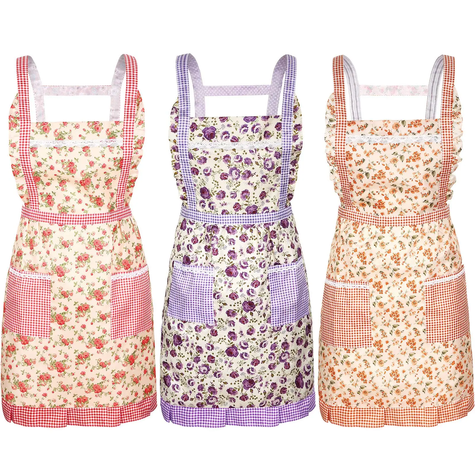 Kitchen Floral Soft Flower Aprons Women Chef Adjustable Cooking Waterproof Aprons Canvas with Pockets for Kitchen Cooking Baking