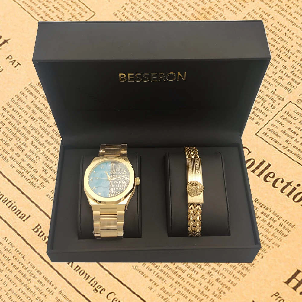 Unique arabic design gold Retro quartz watches soild stainless steel japan movement men wrist watch with bracelet set