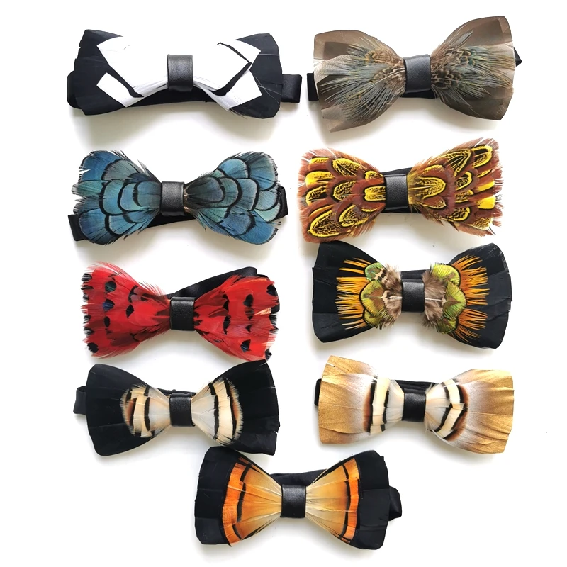 Feather Bow Tie Natural Hand Made Bow tie Brooch Wood Gift Box Set For Men Business Party Wedding