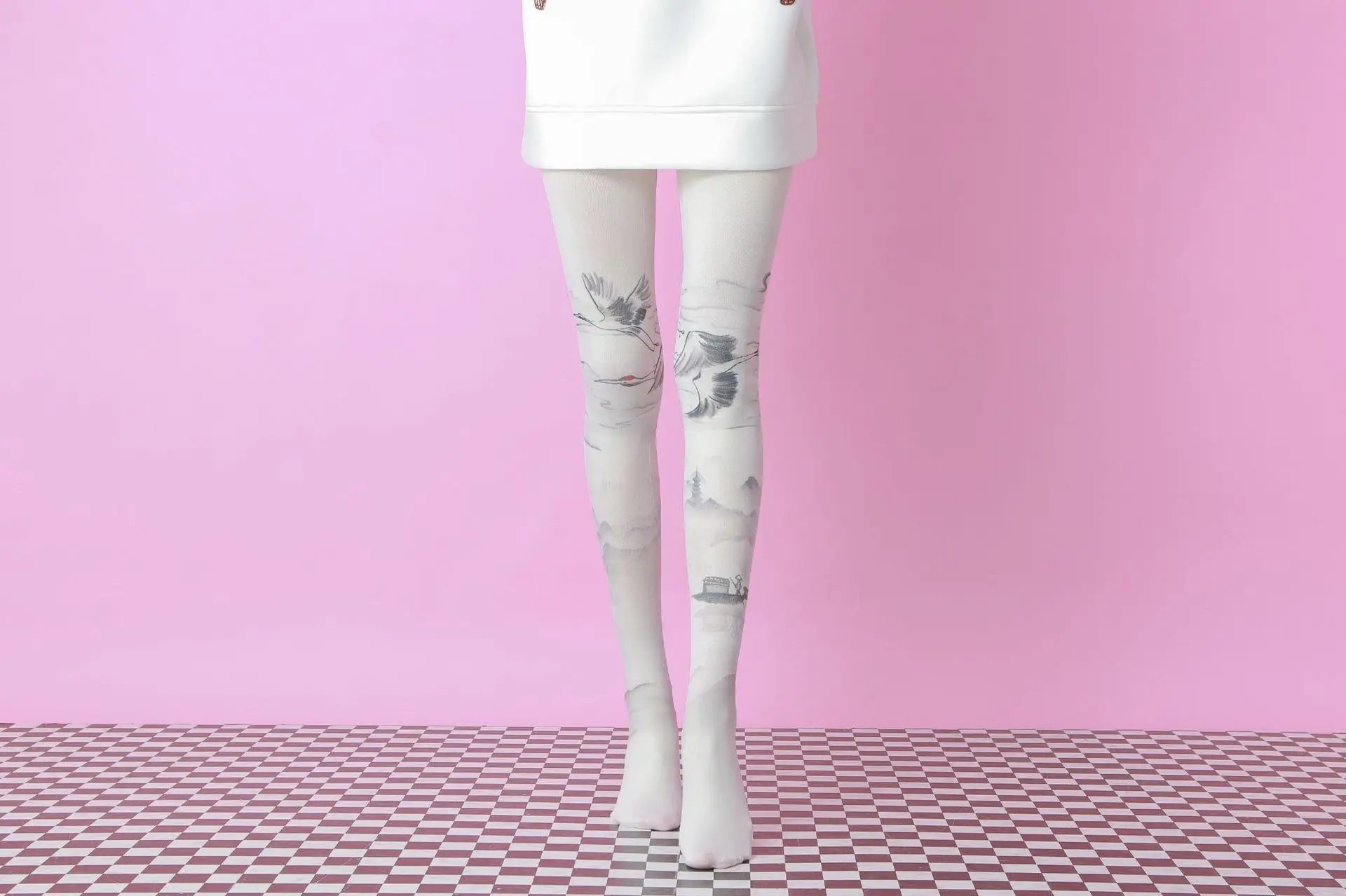 Chinese Ink Painting 360 Print Socks Custom Printed Pantyhose Women Seamless Tights