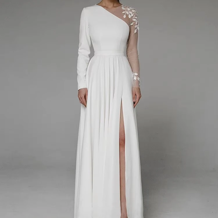 A-line Bohemian Vintage Vestido De Noiva Floor Length Long Sleeves Soft Satin Pearls Wedding Dress Bridal Gown