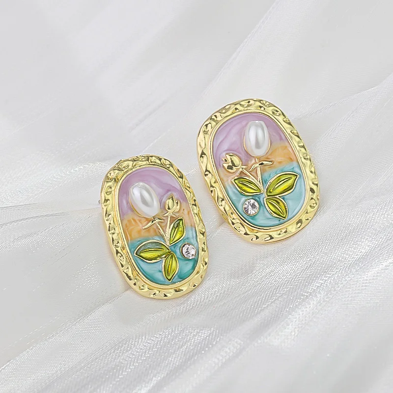 Silver Needle Enamel Drip Inlaid with Diamond Oval Flower Pearl Fashion Trendy Earrings New Chinese Style Fresh  Clean Earrings