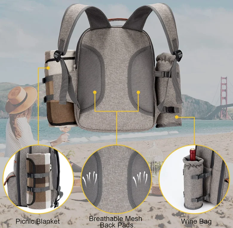 Picnic Backpack Set for 4 Person with Cooler Compartment Insulated Bottle/Wine Holder Fleece Blanket and Cutlery Picnic Bag