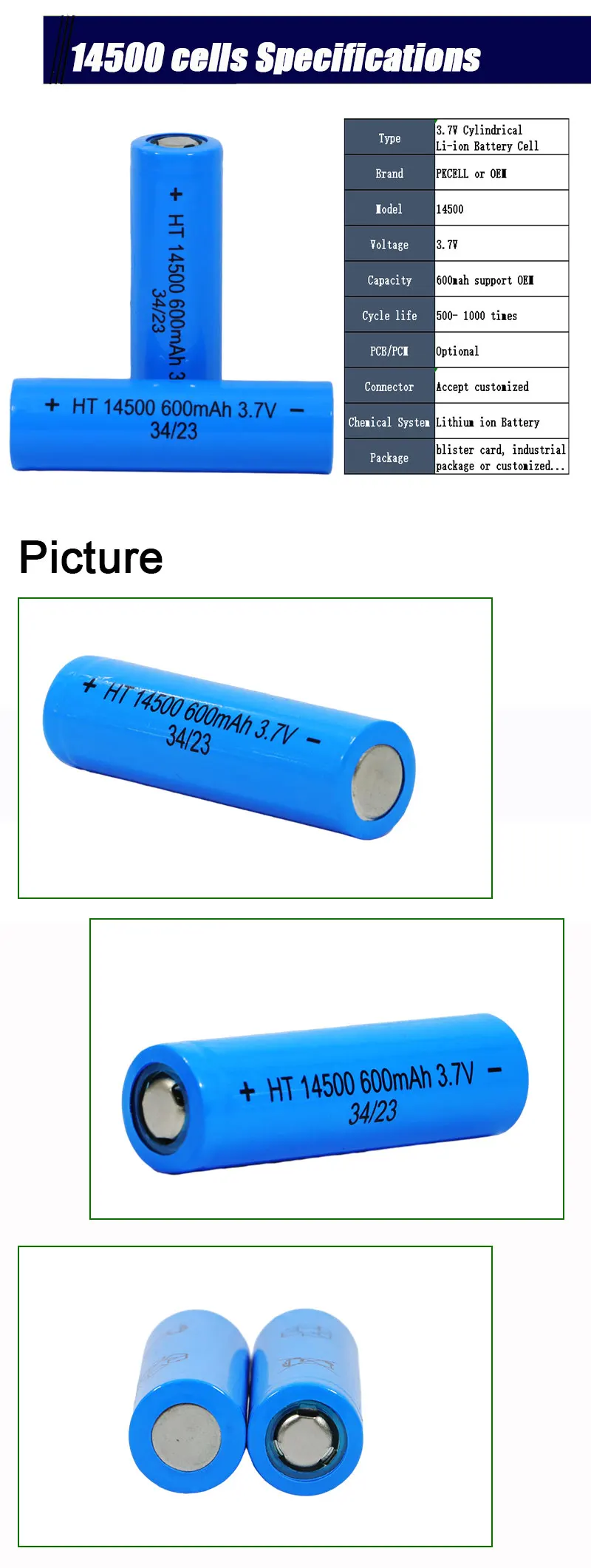 Factory Wholesale 14500 Lithium ion Battery Rechargeable 14500 600mAH 3.7V Cylindrical Li ion Cell Battery Cells