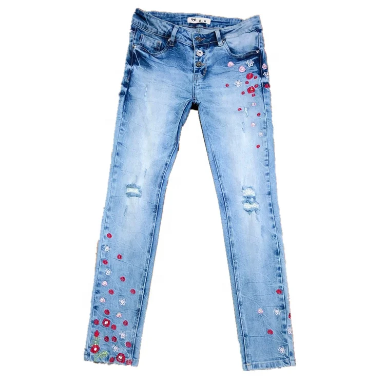 High Quality Comfortable Light Blue Jean Pants Lady Ripped Jeans