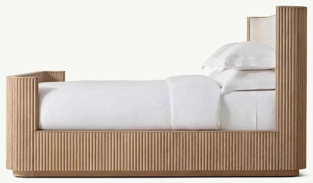 Factory Supply Cal King Oak Wood Bed Handcraft Byron Fabric Shelter Bed With Footboard For Bedroom