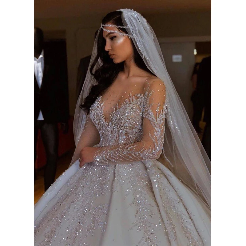 Luxury Satin ball gown Wedding dress Sheer Neck Long Sleeves stones Beaded Crystal lace applique Satin Princess bridal Dress
