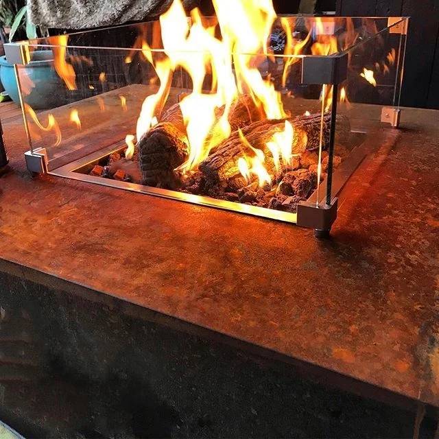 Anti-Corrosion Weathering Corten Steel Gas Firepit With Glass