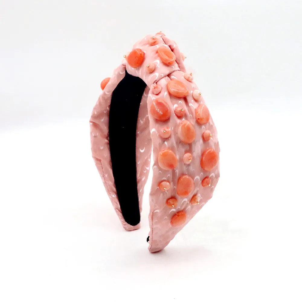 hand sewn irregular beads pink women luxury designer bling beaded furry headband for women