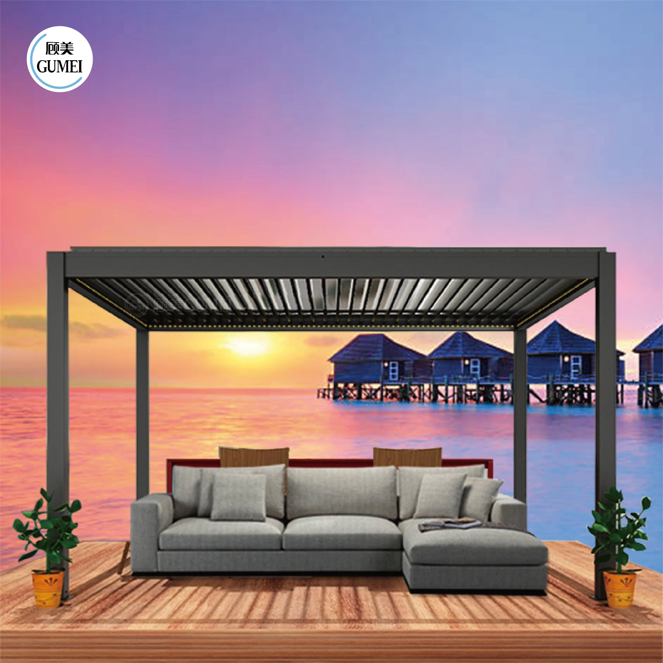 GumeiTec Garden Patio Louvred Roof Free Standing Design Automatic Pergola Covers Aluminium Deck Gazebo