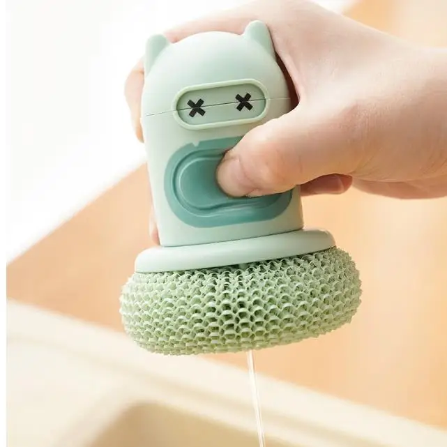 2024 Kitchen Cartoon Press type Brush Creative Automatic Liquid Adding Pot Cute Brush Tool Cleaning and Stain Removal PPball