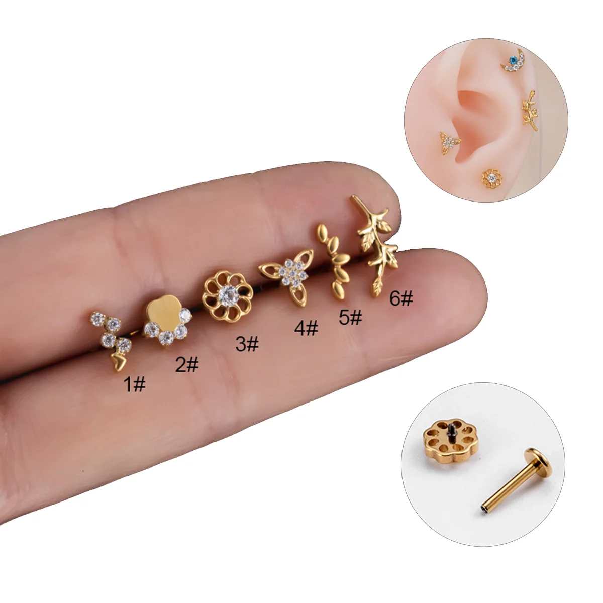 ASTM F136 Titanium Micro Insert Cubic Zirconia Triple Forward G23 Titanium Helix Ear Cartilage Tragus Studs Earring Lip Piercing
