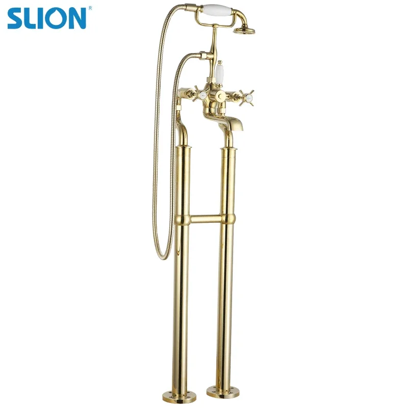Traditional Floor mounted brass chrome plated restoring ancient ways thermostatic mixer bathroom shower set