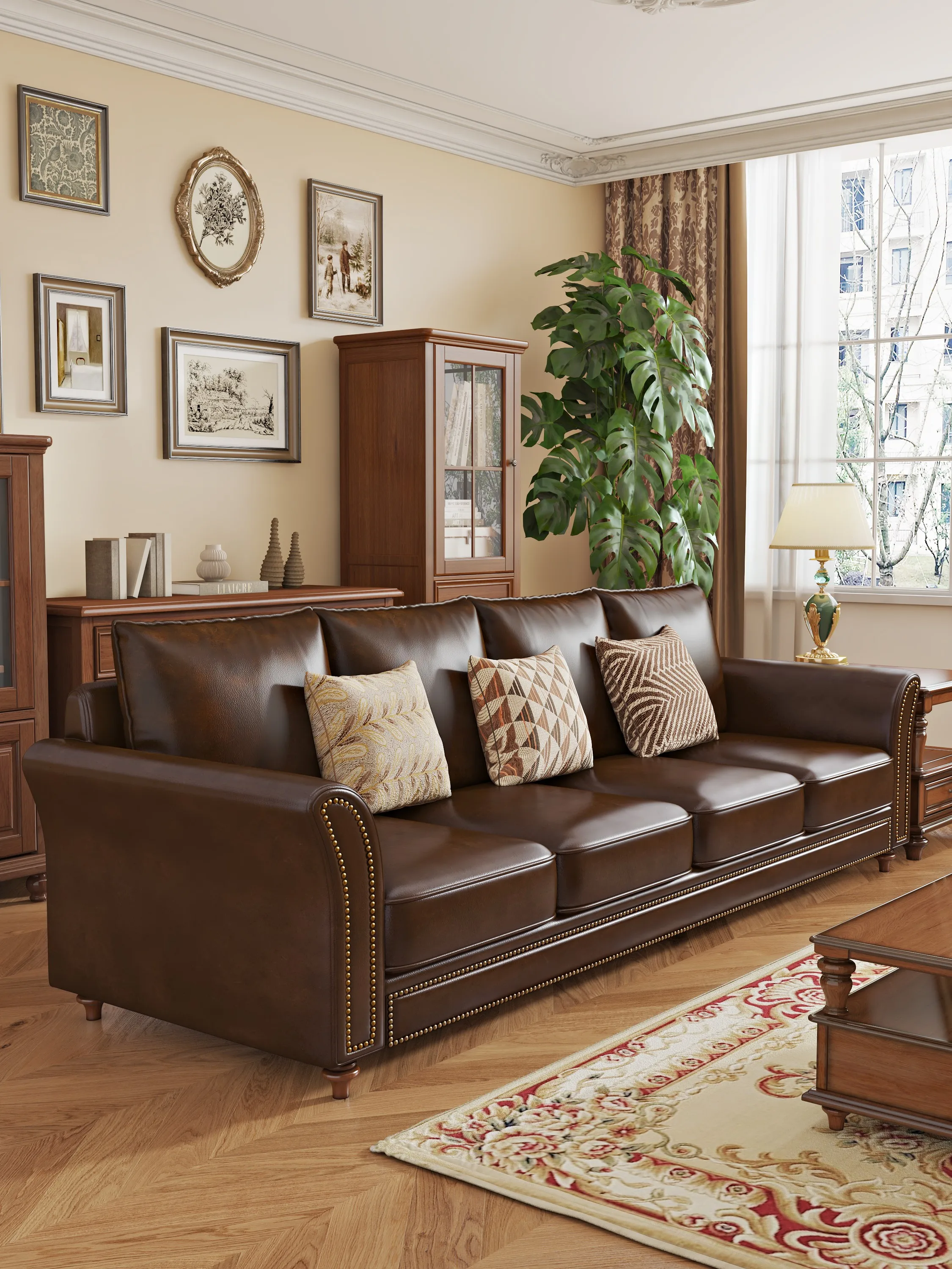3 Seater Genuine Leather Sofa American Retro 1 2 3 Seat Sofa Set Living Room Countryside Solid Wood Furniture